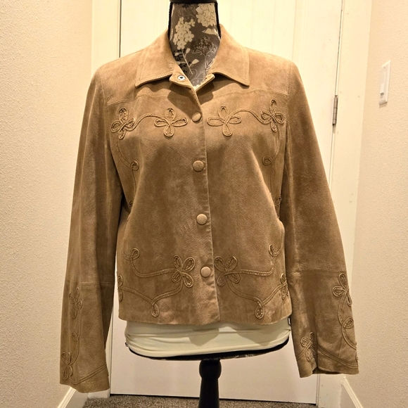 Vintage The Territory Ahead Suede Leather Jacket Floral Applique Tan Size Large - Picture 1 of 16